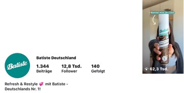 Screenshot Beweis: Reichweite der eigenen Community. Batiste mit 62,3 K bei 12,9K Followern