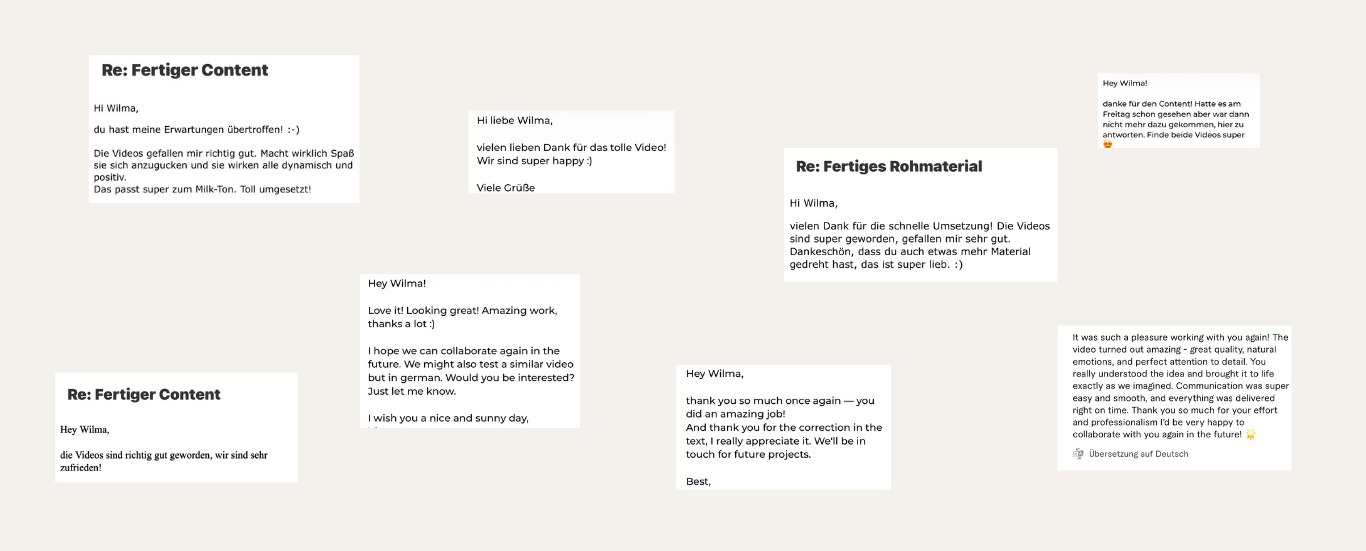 Screenshots mit Kundenfeedback zu Wilmas Videos